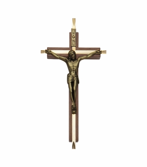7 Inch Walnut and Brass Wall Crucifix with Antiqued Gold Pewter Corpus