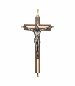 7 Inch Walnut and Brass Wall Crucifix with Antiqued Pewter Corpus