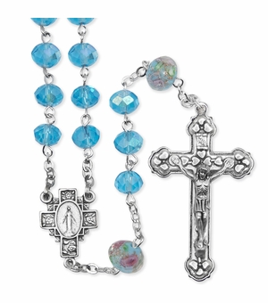 7mm Aqua Glass Cut Crystal Flower Beads Rosary with Crucifix and Miraculous Center