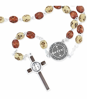 7mm Brown Wood Cross Beads Rosary with Crucifix and St. Benedict Center