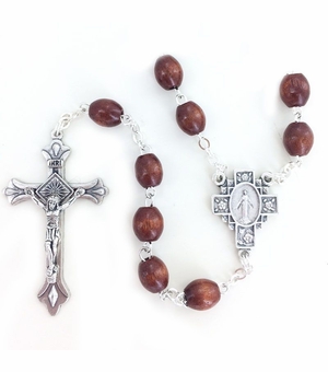 7mm Brown Wood Oval Beads Rosary with Miraculous Center and Crucifix