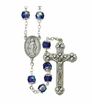 7mm Capped Blue Rosary Necklace with Fine Pewter Crucifix Pendant and Center
