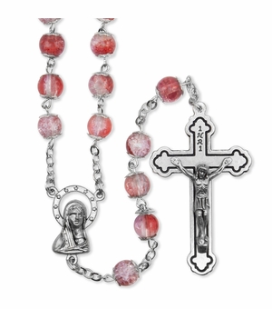 7mm Capped Glass Pink Crystal Bead Rosary with Crucifix and Madonna Center