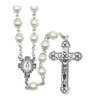 7mm Capped Pearl Bead Rosary with Crucifix and Miraculous Center