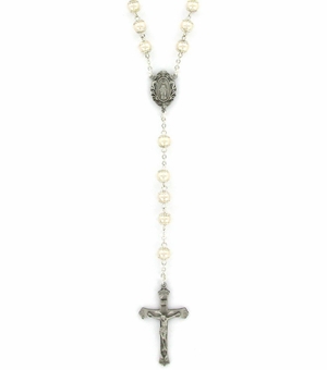 7mm Capped Pearl Beads Rosary Necklace with Miraculous Center and Crucifix Pendant