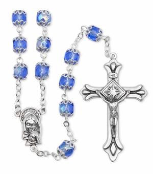 7mm Capped Sapphire Bead Rosary with Crucifix and Madonna with Baby Center