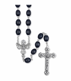 7mm Carved Black Wood Bead Rosary with Crucifix and Four Way Center