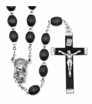 7mm Carved Black Wood Bead Rosary with Crucifix and Madonna with Baby Center