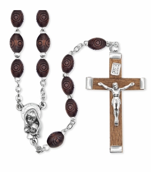 7mm Carved Rosewood Bead Rosary with Crucifix and Madonna with Baby Center