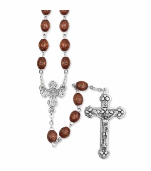 7mm Carved Wood Bead Rosary with Crucifix and Four Way Center