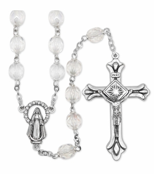 7mm Crystal Fire Bead Rosary with Crucifix and Miraculous Center