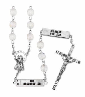 7mm Crystal Fire Bead Rosary with Crucifix, Six Tablets and Madonna Center