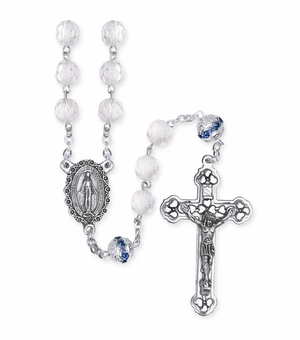7mm Crystal Glass Bead Blue Decade Bead Rosary with Crucifix and Miraculous Center