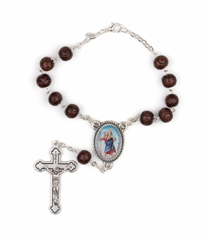 7mm Dark Wood Beads Auto Rosary with Crucifix and St. Christopher Center