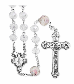 7mm Glass Cut Crystal Flower Beads Rosary with Crucifix and Miraculous Center