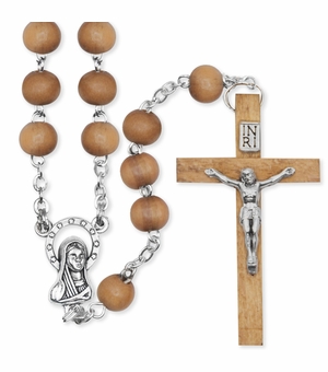 7mm Olive Wood Bead Rosary with Crucifix and Madonna Center
