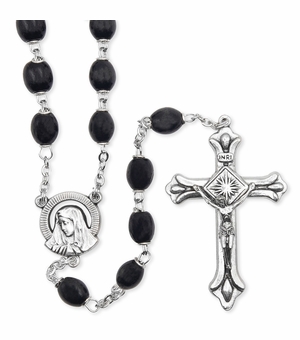 7mm Oval Black Wood Bead Rosary with Crucifix and Madonna Center