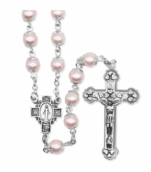7mm Pink Capped Pearl Bead Rosary with Crucifix and Miraculous Center