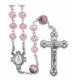 7mm Pink Glass Cut Crystal Flower Beads Rosary with Crucifix and Miraculous Center