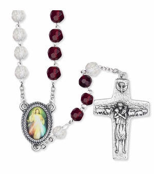 7mm Red and Crystal Glass Bead Rosary with Crucifix and Divine Mercy Center