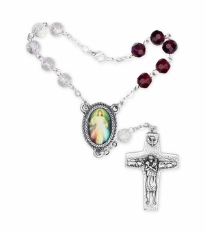 7mm Red/White Crystal Glass Beads Auto Rosary with Divine Mercy Crucifix and Center