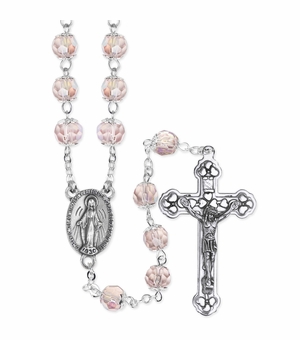 7mm Rose Crystal Pink Glass Capped Beads Rosary with Crucifix and Miraculous Center