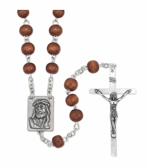 7mm Round Brown Wood Beads Rosary with Crucifix and Christ Center