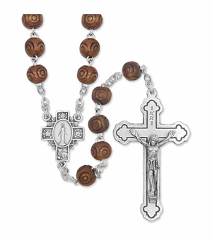 7mm Round Brown Wood Beads Rosary with Crucifix and Madonna Center