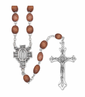 7mm Round Brown Wood Beads Rosary with Crucifix and Miraculous Center
