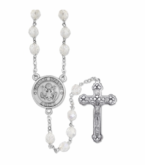 7mm Round Crystal Glass Beads Rosary with Crucifix and U.S. Army Symbol Center