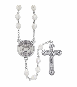 7mm Round Crystal Glass Beads Rosary with Crucifix and U.S. Marine Corps Center
