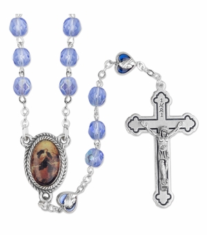 7mm Round Sapphire Crystal Beads Rosary with Crucifix, Mary of Knots Center, and Heart-Shaped Mary Decade Beads