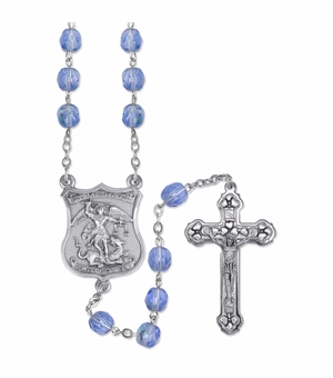 7mm Round Sapphire Crystal Glass Beads Rosary with Crucifix and St. Michael Center