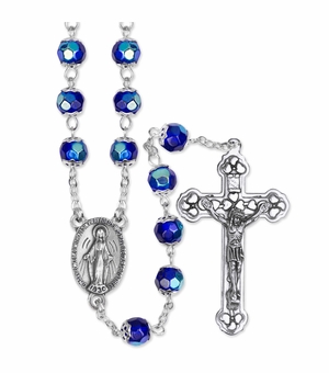 7mm Sapphire Crystal Blue Glass Capped Beads Rosary with Crucifix and Miraculous Center