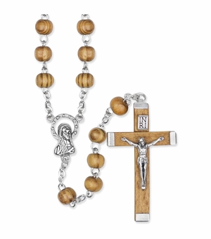 7mm Wood Bead Rosary with Crucifix and Madonna Center