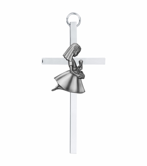 8-1/4 Inch Silver Plated Metal Wall Cross with Centered Kneeling First Communion Girl