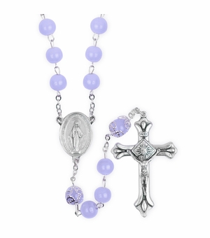 8.5mm Blue Glass Bead Rosary with Crucifix and Miraculous Center