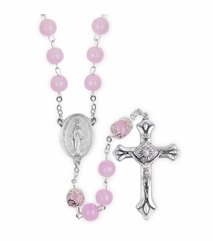 8.5mm Pink Glass Bead Rosary with Crucifix and Miraculous Center