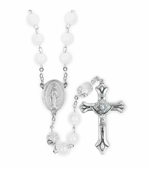 8.5mm White Glass Bead Rosary with Crucifix and Miraculous Center
