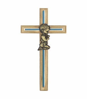 8 Inch Enameled Brass and Oak Wood Baby Boy Wall Cross