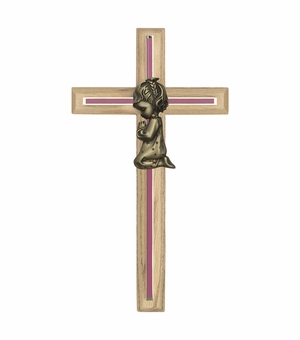 8 Inch Enameled Brass and Oak Wood Baby Girl Wall Cross