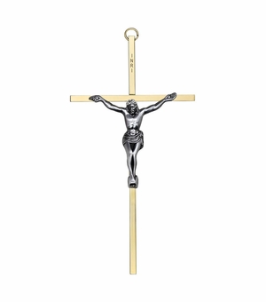 8 Inch Engraved Brass and Pewter Wall Crucifix
