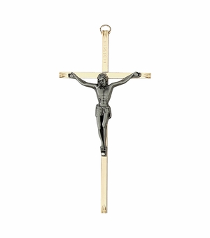 8 Inch Engraved Brass and Pewter Wall Crucifix