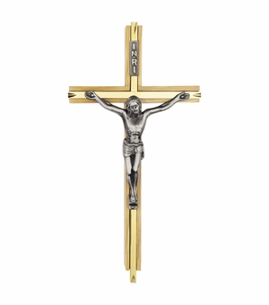 8 Inch Oak Wood and Gold Plated Cross Wall Crucifix with Pewter Christ Corpus