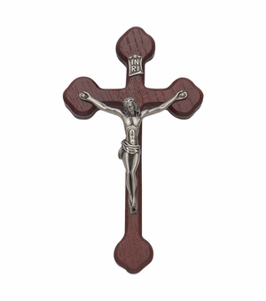 8 Inch Stained Budded Ends Wood Wall Crucifix with Antiqued Pewter Corpus