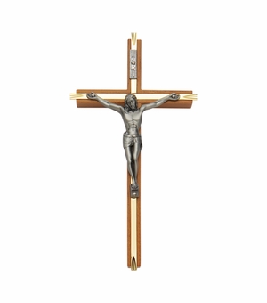 8 Inch Walnut and Brass Wall Crucifix with Antiqued Pewter Corpus