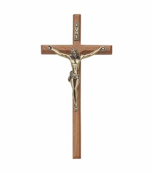 8 Inch Walnut Wall Crucifix with Antiqued Gold Pewter Corpus