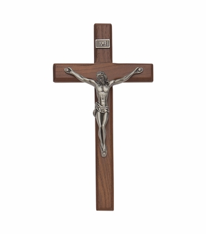 8 Inch Walnut Wall Crucifix with Antiqued Pewter Corpus