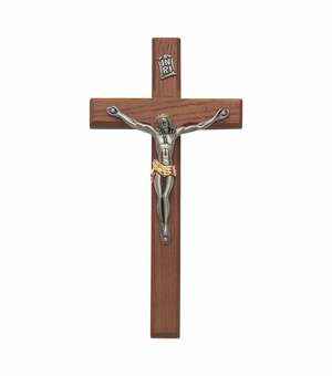 8 Inch Walnut Wall Crucifix with Antiqued Two-Tone Pewter Corpus