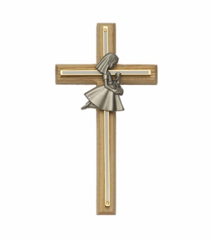 8" Oak/Screened Brass Cross with Fine Pewter Praying Girl Casting